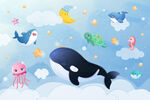 卡通鲸鱼可爱海底动物云朵背景墙