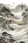 国画迎客松 黄山迎客松山水画