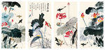 莲花池塘水墨画屏风背景