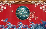 中式古风红墙花鸟背景墙