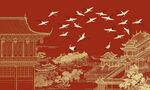 新中式手绘建筑仙鹤背景