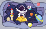 卡通宇航员3D太空儿童房背景墙