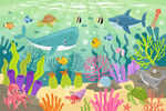 卡通鲸鱼海底动物鲨鱼珊瑚背景墙