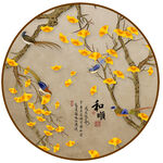 圆形银杏花鸟装饰画