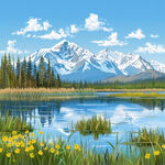 插画山水湖