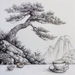 山水画茶树茶杯茶园