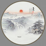 圆形水墨山水画