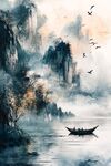 水墨山水间的孤舟飞鸟