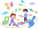 音乐课彩色钢琴键盘音符乐谱插画