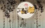 中式水墨风圆形花卉背景墙