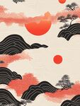 日式山水红日松树图案