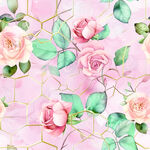 粉色玫瑰几何水彩花卉图