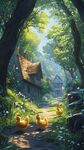 童话风森林中的小屋与小鸡