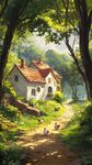 田园小屋旁的温馨自然景象