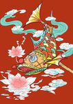 中式锦鲤祥云荷花插画