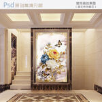 奢华玄关处的精美花卉壁画