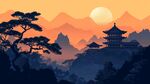 落日下的中式山水楼阁景