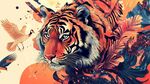 斑斓猛虎伴飞鸟花卉
