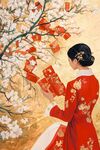 红衣女子赏春景接红包