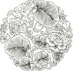 圆形花卉纹样黑白线稿图案