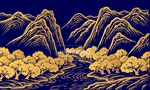 金色线描山水画树木古风