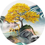 金色孤树旁的奇幻山水圆形装饰画