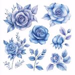 蓝色水彩玫瑰花及枝叶图案