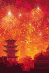 烟花下的中式古建筑夜景