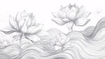 水墨风莲花与波浪线条画