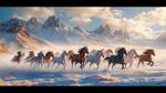 群马在雪山间奔腾的壮丽景象