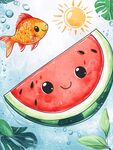 夏日金鱼与西瓜欢乐插画