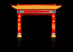 矢量新中式国潮风红金色屋檐牌坊