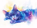 梦幻水彩中酣睡的猫咪