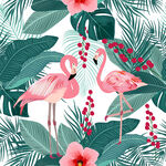 火烈鸟与热带植物插画数码印花