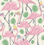 粉色火烈鸟与绿植图案数码印花