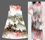 水墨风花卉山水印花连衣裙