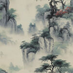 水墨山水间的奇峰劲松