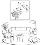简约客厅黑白线条插画 矢量图