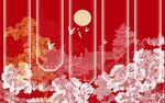 中式红底花卉月亮装饰图