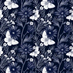蓝底白花植物图案纹理数码印花蝴