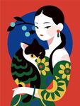 唯美古风女子仕女与猫咪花卉插画