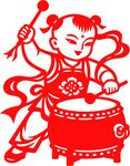 敲鼓的喜庆剪纸孩童