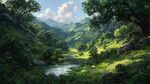 山间溪流畔的绿意盎然景致