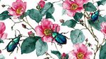 水彩花卉与甲虫无缝图案