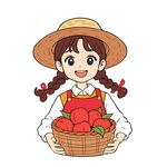 女孩捧篮丰收的桃子