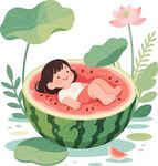 女孩躺卧在西瓜中插画