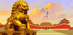 故宫前的威严金色石狮子