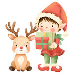 卡通风圣诞节小精灵女孩驯鹿礼盒