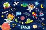 可爱动物宇航员卡通宇宙星球背景