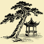 中国风长寿松古亭水波纹矢量图